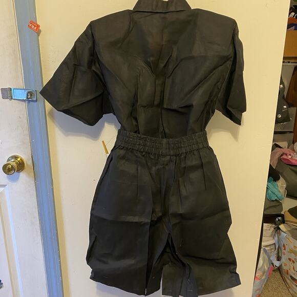 Vintage 90s ClubZ Floral Embroidered Black 2Pc TopShorts OutfitSet LinenCotton S - Picture 13 of 14